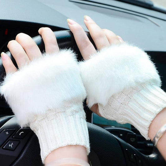 Fancy Winter Wool Gloves for Women Girls Knitting Wool gloves l Keep Warm Short Mitten Fingerless Lady Girl Half Finger Gloves Rabbit Lady hand Gloves