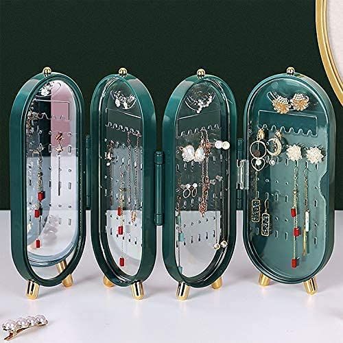 Foldable Jewelry Organizer With Mirror Ear Rings & Necklace_ Hanging Holder Jewelry Box Vanity Hanger Stand